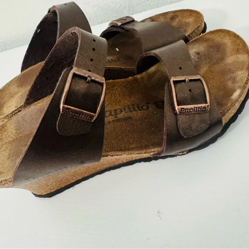Birkenstock Dorothy Papillio 6-6.5 Brown Cork Wedge Slide Sandals  Dual Straps
